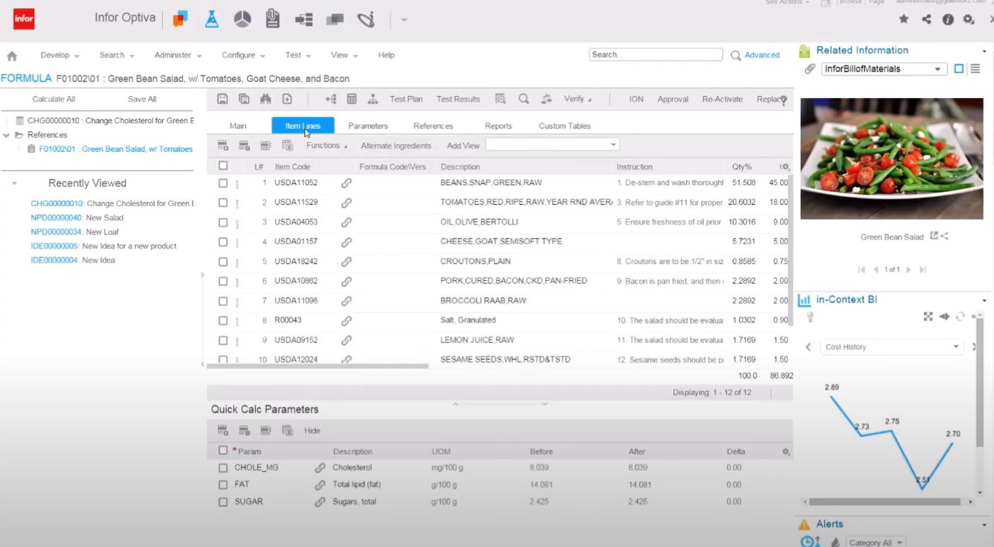 screenshot of Infor CloudSuite PLM for Process (Optiva)